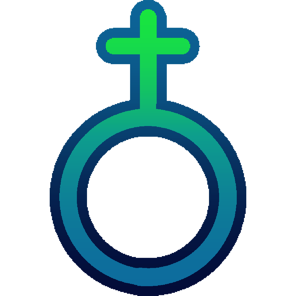 The astro symbol for earth (globus cruciger variant) in green/blue. It looks like a stick with a crossbar on top of a circle.